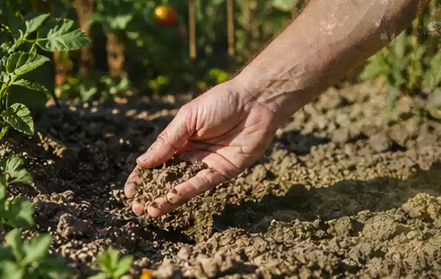 Hand prüft trockene krümelige Gartenerde während einer warmen Sommerphase; Thema Schattenrasen, Schwerpunkt Bewässerung; Umsetzung.