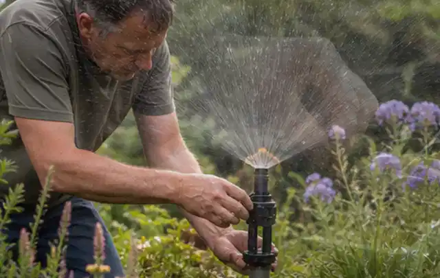 Person richtet einen laufenden Gartensprenger zwischen Stauden präzise aus; Thema Schattenrasen, Schwerpunkt Checkliste; Ergebnis.