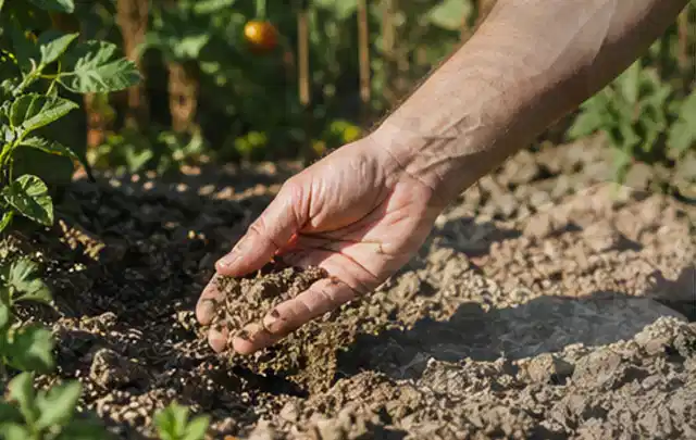 Hand prüft trockene krümelige Gartenerde während einer warmen Sommerphase; Thema Schattenrasen, Schwerpunkt Checkliste; Praxisalltag.