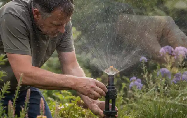 Person richtet einen laufenden Gartensprenger zwischen Stauden präzise aus; Thema Schattenrasen, Schwerpunkt Düngung; Ausgangslage.