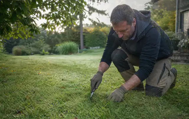 Person prüft den Boden einer gepflegten Rasenfläche im Garten; Thema Schattenrasen, Schwerpunkt Einsteigerwissen; Ausgangslage.