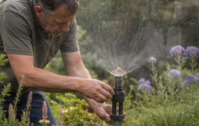 Person richtet einen laufenden Gartensprenger zwischen Stauden präzise aus; Thema Schattenrasen, Schwerpunkt Fehlerhilfe; Umsetzung.