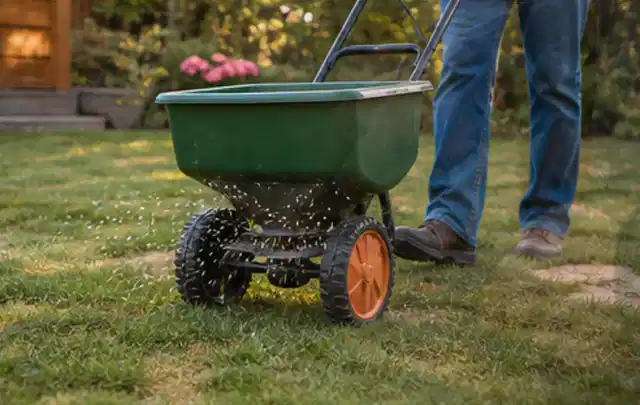 Person verteilt Rasensamen mit einem Streuwagen auf einer lückigen Fläche; Thema Schattenrasen, Schwerpunkt Frühjahr; Kontrolle.