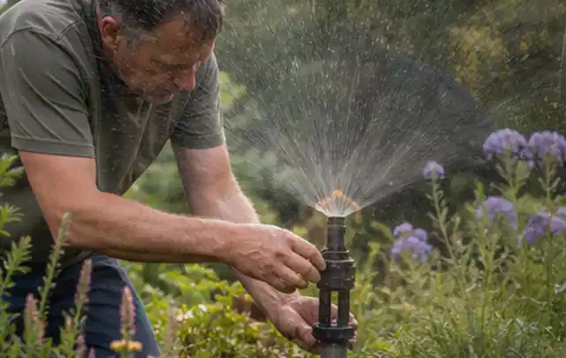 Person richtet einen laufenden Gartensprenger zwischen Stauden präzise aus; Thema Schattenrasen, Schwerpunkt Frühjahr; Ergebnis.