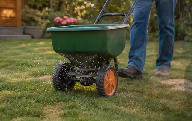 Person verteilt Rasensamen mit einem Streuwagen auf einer lückigen Fläche; Thema Schattenrasen, Schwerpunkt Herbstpflege; Umsetzung.