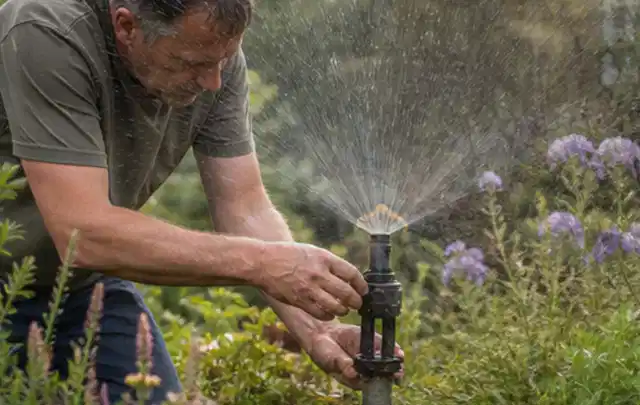 Person richtet einen laufenden Gartensprenger zwischen Stauden präzise aus; Thema Schattenrasen, Schwerpunkt Herbstpflege; Praxisalltag.