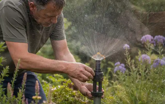 Person richtet einen laufenden Gartensprenger zwischen Stauden präzise aus; Thema Schattenrasen, Schwerpunkt Kosten; Ausgangslage.