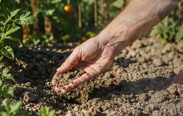 Hand prüft trockene krümelige Gartenerde während einer warmen Sommerphase; Thema Schattenrasen, Schwerpunkt Kosten; Umsetzung.