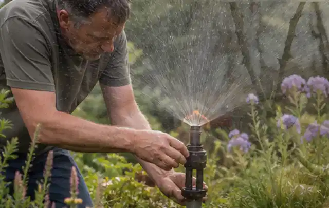 Person richtet einen laufenden Gartensprenger zwischen Stauden präzise aus; Thema Schattenrasen, Schwerpunkt Nachsaat; Ausgangslage.
