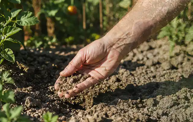 Hand prüft trockene krümelige Gartenerde während einer warmen Sommerphase; Thema Schattenrasen, Schwerpunkt Rasen; Kontrolle.