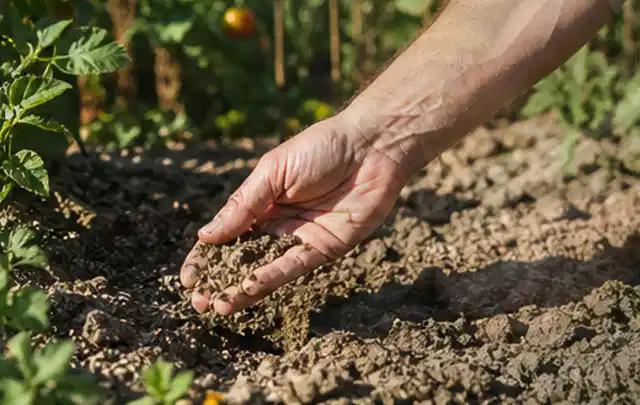 Hand prüft trockene krümelige Gartenerde während einer warmen Sommerphase; Thema Schattenrasen, Schwerpunkt Rasenpflege; Ausgangslage.