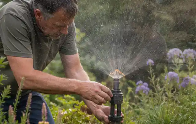 Person richtet einen laufenden Gartensprenger zwischen Stauden präzise aus; Thema Schattenrasen, Schwerpunkt Rasenpflege; Praxisalltag.