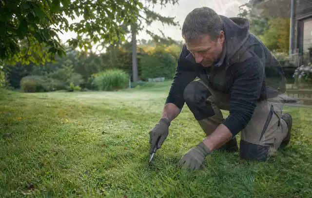 Person prüft den Boden einer gepflegten Rasenfläche im Garten; Thema Schattenrasen, Schwerpunkt Rasenschnitt; Umsetzung.