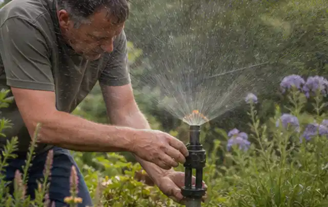 Person richtet einen laufenden Gartensprenger zwischen Stauden präzise aus; Thema Schattenrasen, Schwerpunkt Rasenschnitt; Ergebnis.