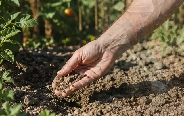 Hand prüft trockene krümelige Gartenerde während einer warmen Sommerphase; Thema Schattenrasen, Schwerpunkt Rasenschnitt; Praxisalltag.