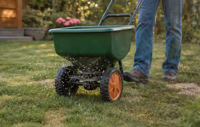 Person verteilt Rasensamen mit einem Streuwagen auf einer lückigen Fläche; Thema Schattenrasen, Schwerpunkt Sommerpflege; Umsetzung.