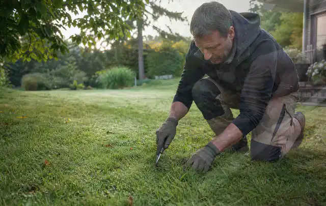 Person prüft den Boden einer gepflegten Rasenfläche im Garten; Thema Schattenrasen, Schwerpunkt Sommerpflege; Ergebnis.