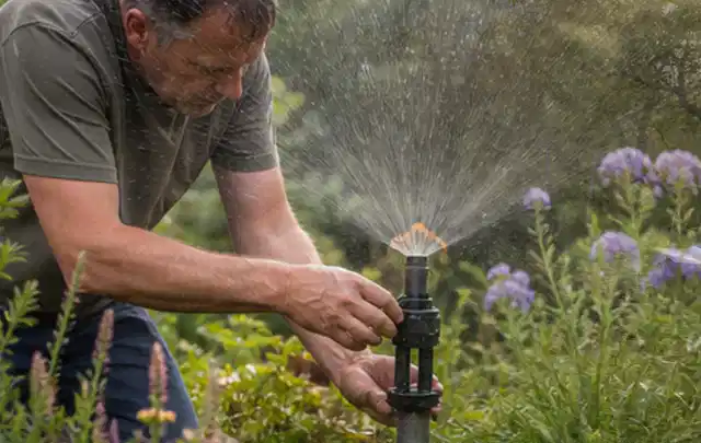 Person richtet einen laufenden Gartensprenger zwischen Stauden präzise aus; Thema Schattenrasen, Schwerpunkt Sommerpflege; Praxisalltag.