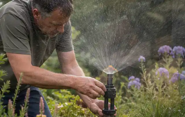 Person richtet einen laufenden Gartensprenger zwischen Stauden präzise aus; Thema Schattenrasen, Schwerpunkt Unkraut; Kontrolle.