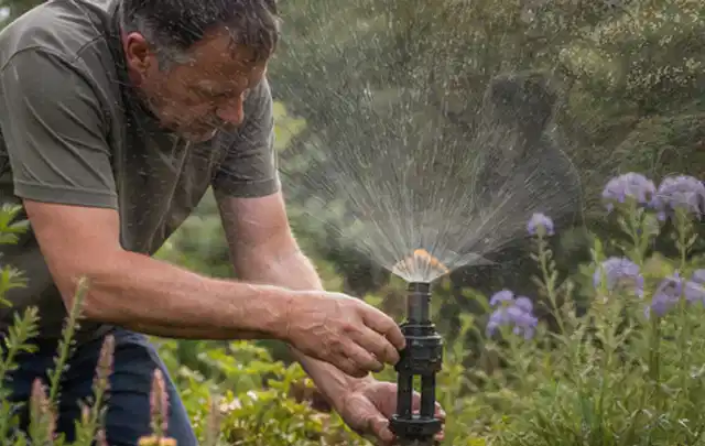 Person richtet einen laufenden Gartensprenger zwischen Stauden präzise aus; Thema Schattenrasen, Schwerpunkt Vertikutieren; Kontrolle.