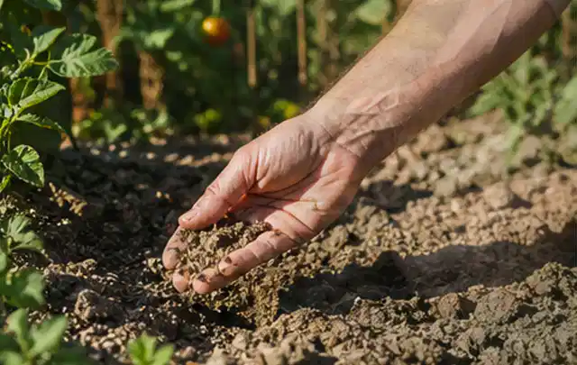 Hand prüft trockene krümelige Gartenerde während einer warmen Sommerphase; Thema Schattenrasen, Schwerpunkt Vertikutieren; Praxisalltag.