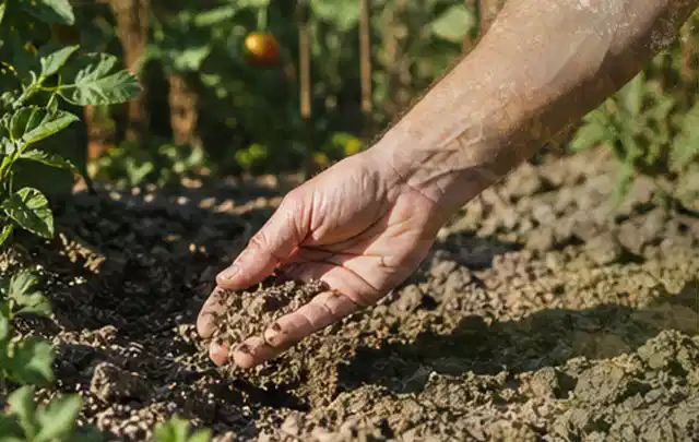 Hand prüft trockene krümelige Gartenerde während einer warmen Sommerphase; Thema Schattenrasen, Schwerpunkt Winterpflege; Ergebnis.
