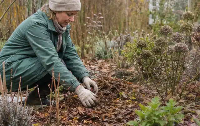Person verteilt eine schützende Mulchschicht zwischen winterlichen Stauden; Thema Schnecken, Schwerpunkt Bestimmung; Umsetzung.
