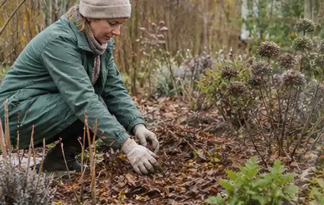 Person verteilt eine schützende Mulchschicht zwischen winterlichen Stauden; Thema Schnecken, Schwerpunkt Biologie; Kontrolle.