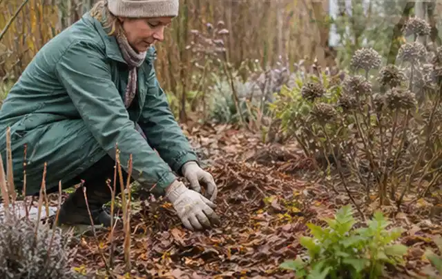Person verteilt eine schützende Mulchschicht zwischen winterlichen Stauden; Thema Schnecken, Schwerpunkt Fehlerhilfe; Ergebnis.