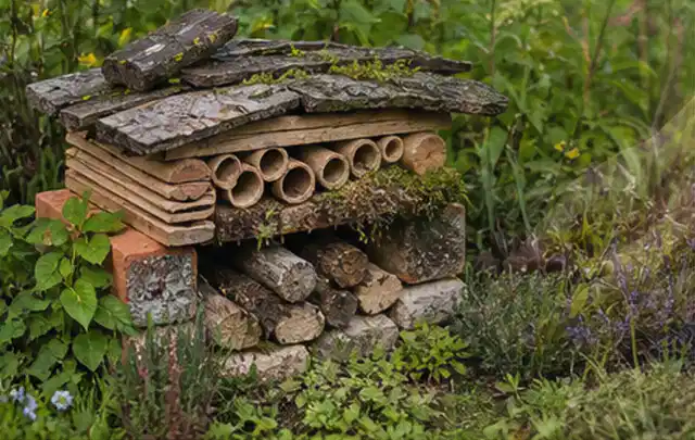Naturnaher Unterschlupf aus Holz Rinde und Pflanzenstängeln im Garten; Thema Schnecken, Schwerpunkt Giftfreie Hilfe; Ergebnis.