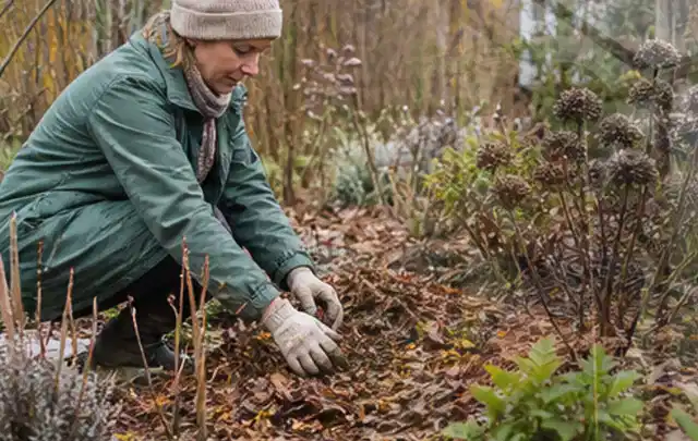 Person verteilt eine schützende Mulchschicht zwischen winterlichen Stauden; Thema Schnecken, Schwerpunkt Hausmittel; Kontrolle.