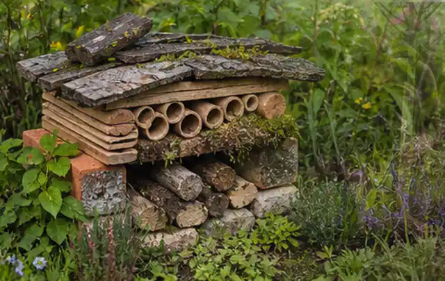 Naturnaher Unterschlupf aus Holz Rinde und Pflanzenstängeln im Garten; Thema Schnecken, Schwerpunkt Hausmittel; Ergebnis.