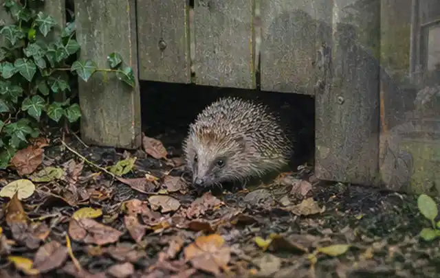 Igel nutzt einen bodennahen Durchgang unter einem hölzernen Gartenzaun; Thema Schnecken, Schwerpunkt Natürliche Bekämpfung; Ausgangslage.
