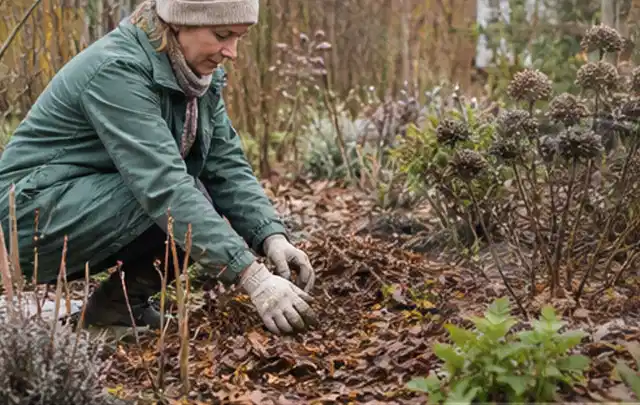 Person verteilt eine schützende Mulchschicht zwischen winterlichen Stauden; Thema Schnecken, Schwerpunkt Natürliche Bekämpfung; Umsetzung.