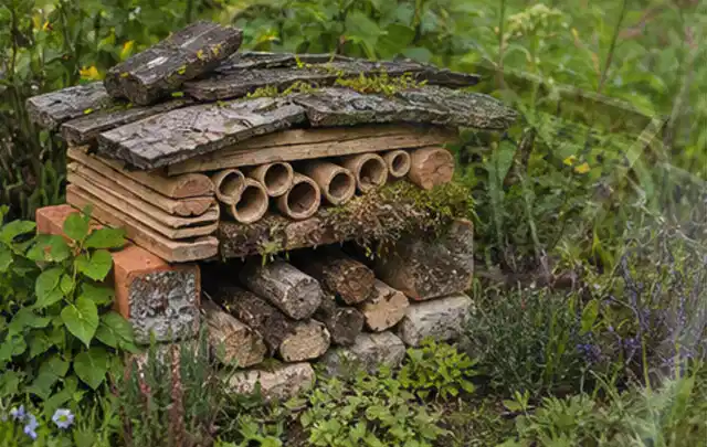 Naturnaher Unterschlupf aus Holz Rinde und Pflanzenstängeln im Garten; Thema Schnecken, Schwerpunkt Natürliche Bekämpfung; Kontrolle.