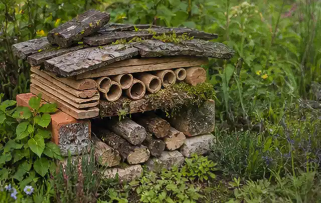 Naturnaher Unterschlupf aus Holz Rinde und Pflanzenstängeln im Garten; Thema Schnecken, Schwerpunkt Pflanzenhilfe; Ausgangslage.