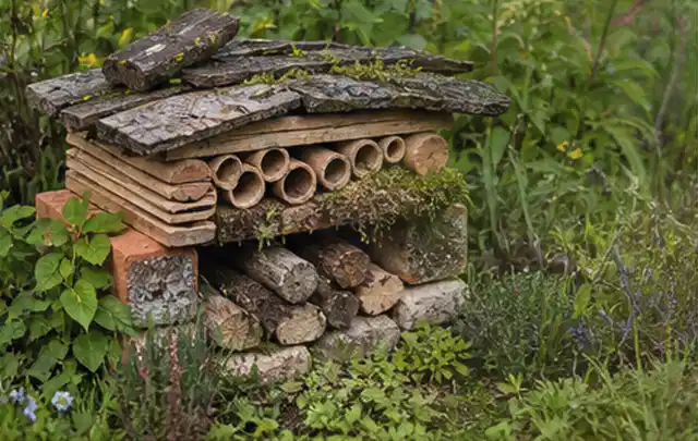 Naturnaher Unterschlupf aus Holz Rinde und Pflanzenstängeln im Garten; Thema Schnecken, Schwerpunkt Saison; Ergebnis.