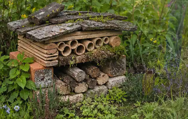 Naturnaher Unterschlupf aus Holz Rinde und Pflanzenstängeln im Garten; Thema Schnecken, Schwerpunkt Schadbild; Kontrolle.