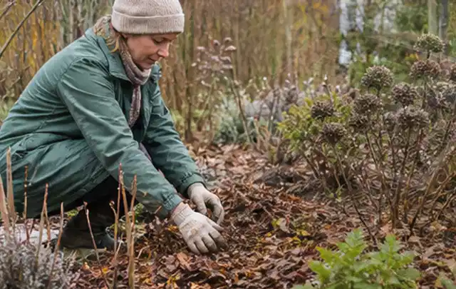 Person verteilt eine schützende Mulchschicht zwischen winterlichen Stauden; Thema Schnecken, Schwerpunkt Schädlinge Krankheiten; Umsetzung.