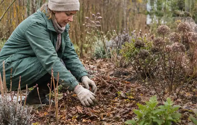 Person verteilt eine schützende Mulchschicht zwischen winterlichen Stauden; Thema Schnecken, Schwerpunkt Soforthilfe; Ausgangslage.