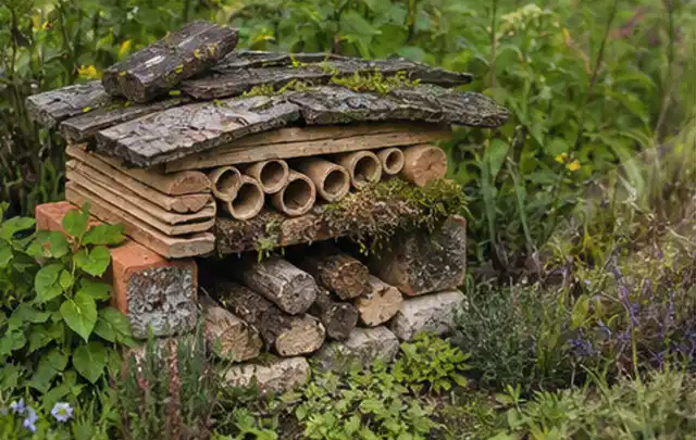 Naturnaher Unterschlupf aus Holz Rinde und Pflanzenstängeln im Garten; Thema Schnecken, Schwerpunkt Soforthilfe; Ergebnis.