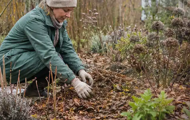 Person verteilt eine schützende Mulchschicht zwischen winterlichen Stauden; Thema Schnecken, Schwerpunkt Ursachen; Kontrolle.