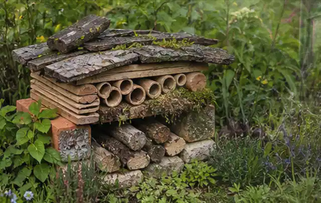 Naturnaher Unterschlupf aus Holz Rinde und Pflanzenstängeln im Garten; Thema Schnecken, Schwerpunkt Ursachen; Ergebnis.