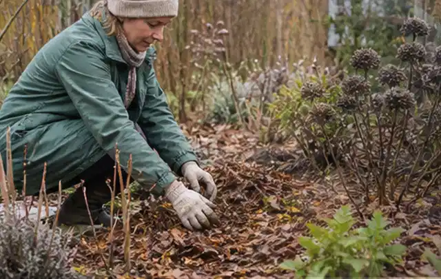Person verteilt eine schützende Mulchschicht zwischen winterlichen Stauden; Thema Schnecken, Schwerpunkt Vorbeugung; Ausgangslage.
