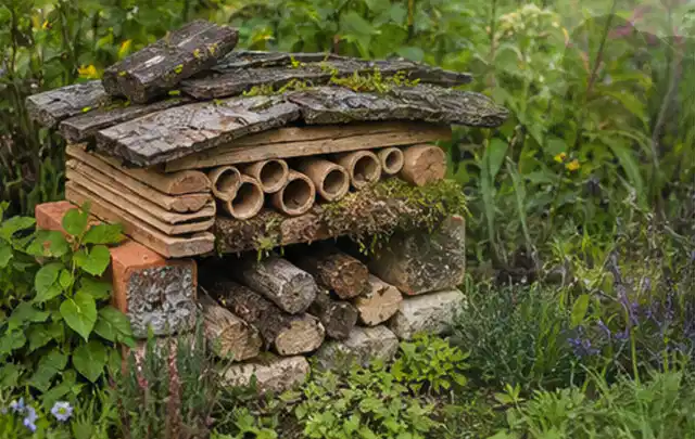 Naturnaher Unterschlupf aus Holz Rinde und Pflanzenstängeln im Garten; Thema Schnecken, Schwerpunkt Vorbeugung; Praxisalltag.