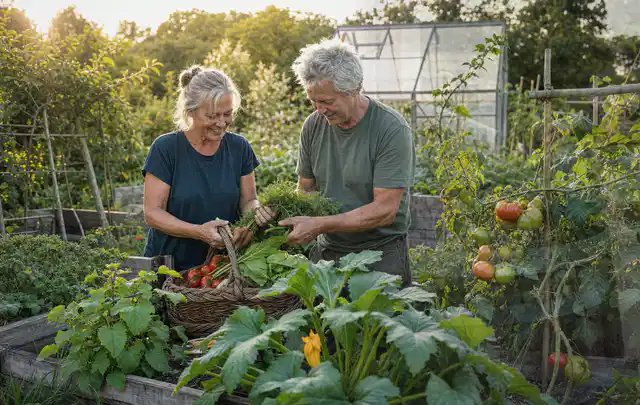 Zwei Personen ernten gemeinsam Gemüse in einem sonnigen Nutzgarten; Thema Schnittlauch, Schwerpunkt Ernteprobleme; Umsetzung.