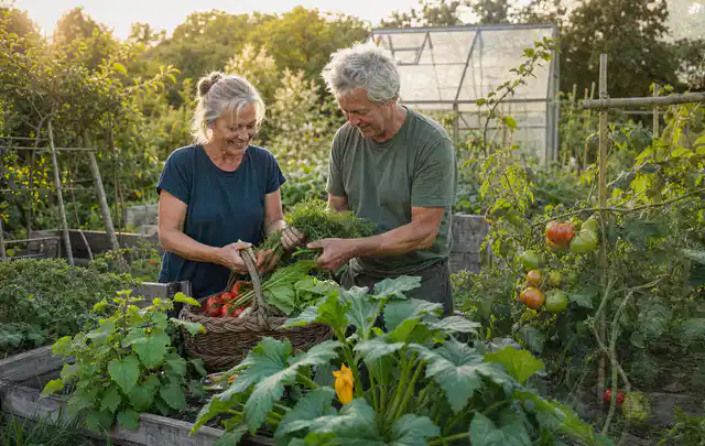 Zwei Personen ernten gemeinsam Gemüse in einem sonnigen Nutzgarten; Thema Schnittlauch, Schwerpunkt Gewächshaus; Ausgangslage.