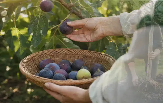 Hand pflückt eine reife Feige über einem flachen Korb mit Früchten; Thema Schnittlauch, Schwerpunkt Lagerung; Praxisalltag.