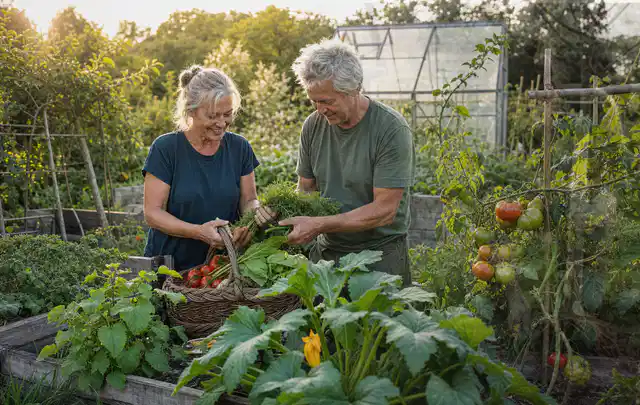 Zwei Personen ernten gemeinsam Gemüse in einem sonnigen Nutzgarten; Thema Schnittlauch, Schwerpunkt Pflanzenschutz; Ergebnis.