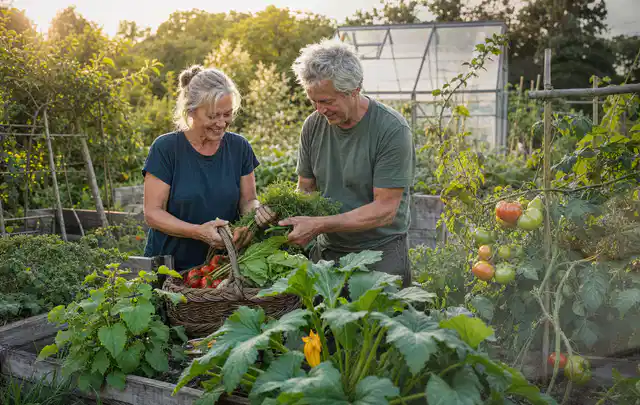 Zwei Personen ernten gemeinsam Gemüse in einem sonnigen Nutzgarten; Thema Schnittlauch, Schwerpunkt Standort; Ausgangslage.